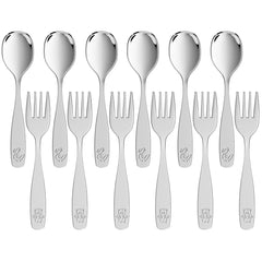 WXCWYQR toddler utensils 12-piece set for easy self-feeding with spoons and forks.