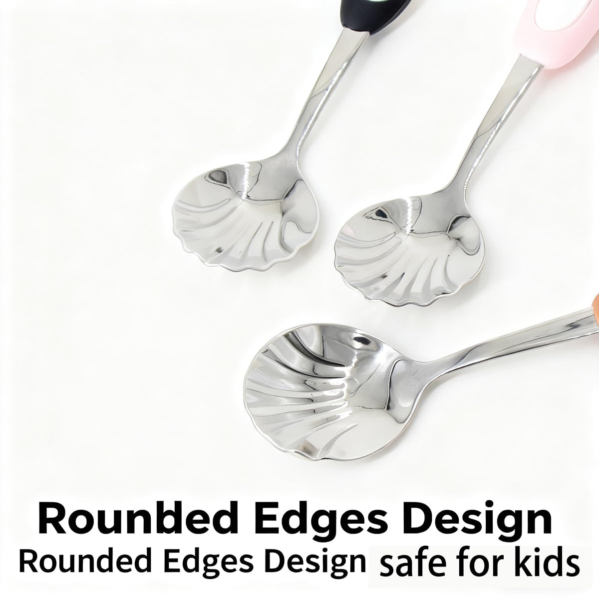 WXMI-AN shell spoon polished-silver bowl with white handles for easy cleaning.