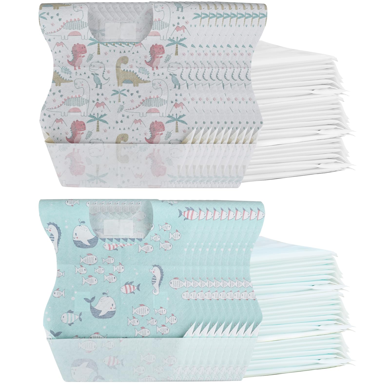 WYSLP baby disposable bibs dinosaur pattern with leakproof pocket for mess-free meals.