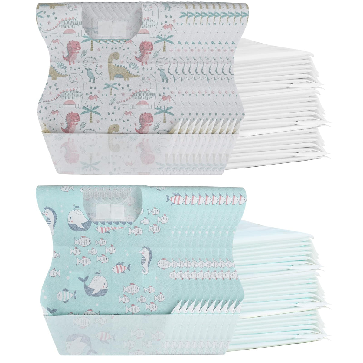 WYSLP baby disposable bibs dinosaur pattern with leakproof pocket for mess-free meals.