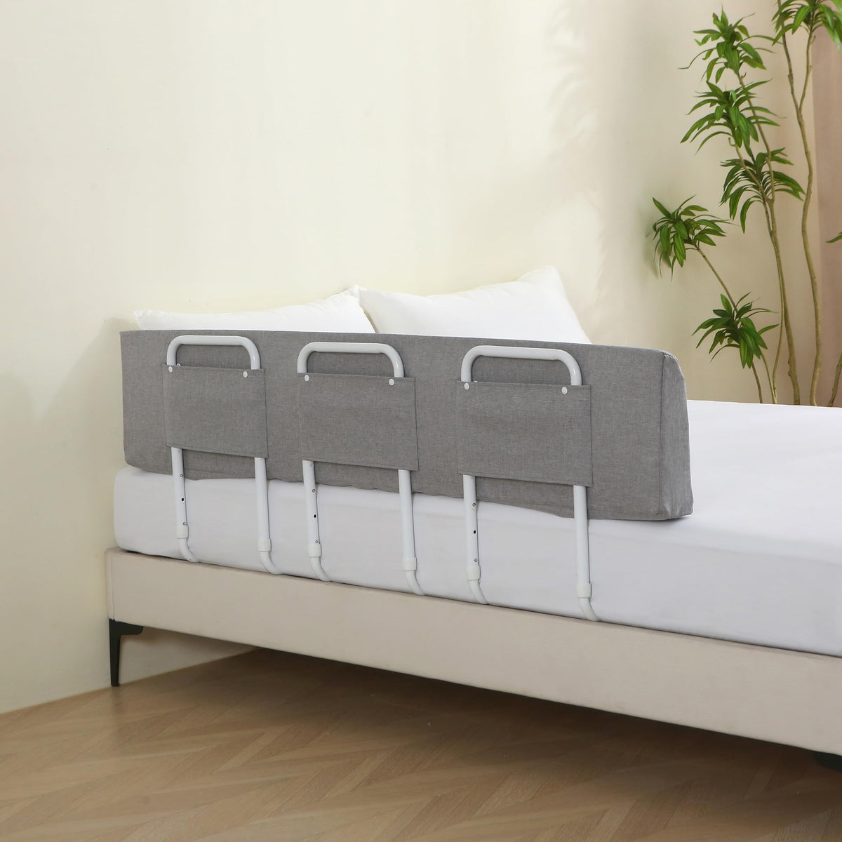 WYBITNY Bed Guard Rail assembled on a queen bed for a sturdy toddler sleep space.