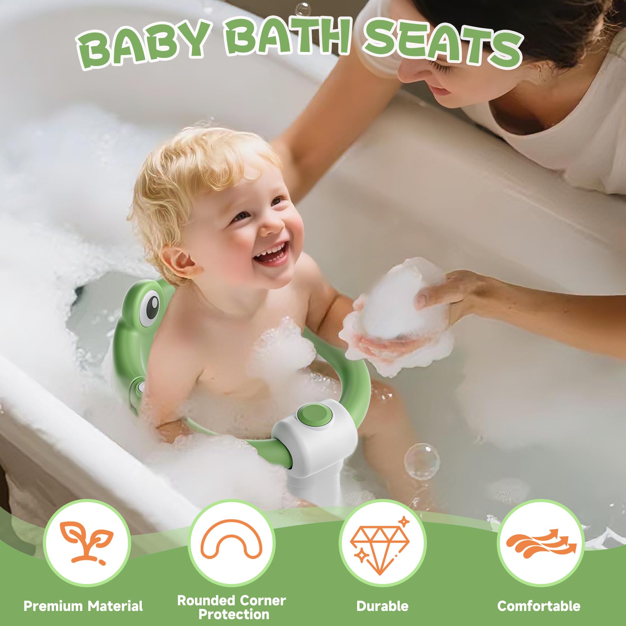 WyfKyd bath seat shows four suction cups for stable tub attachment.