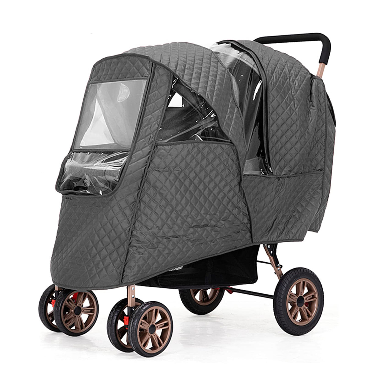 WYI double stroller winter cover front view shows weather protection and clear visibility