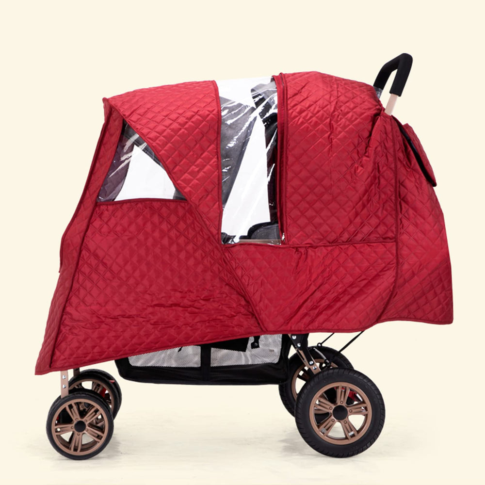 WYI double-stroller-winter-cover in-use shields toddlers on winter outings.