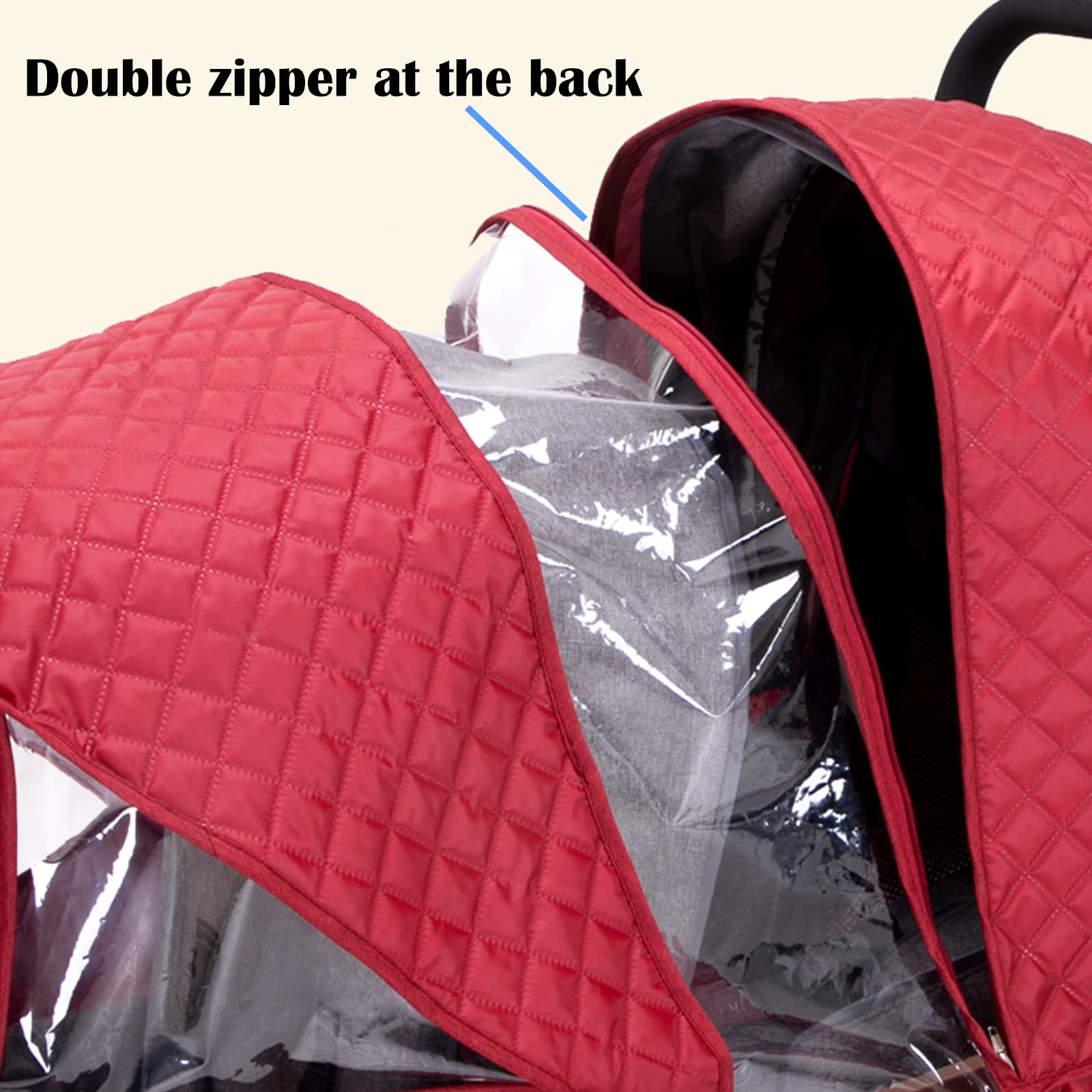 WYI double-stroller-winter-cover storage pocket keeps items dry and handy.