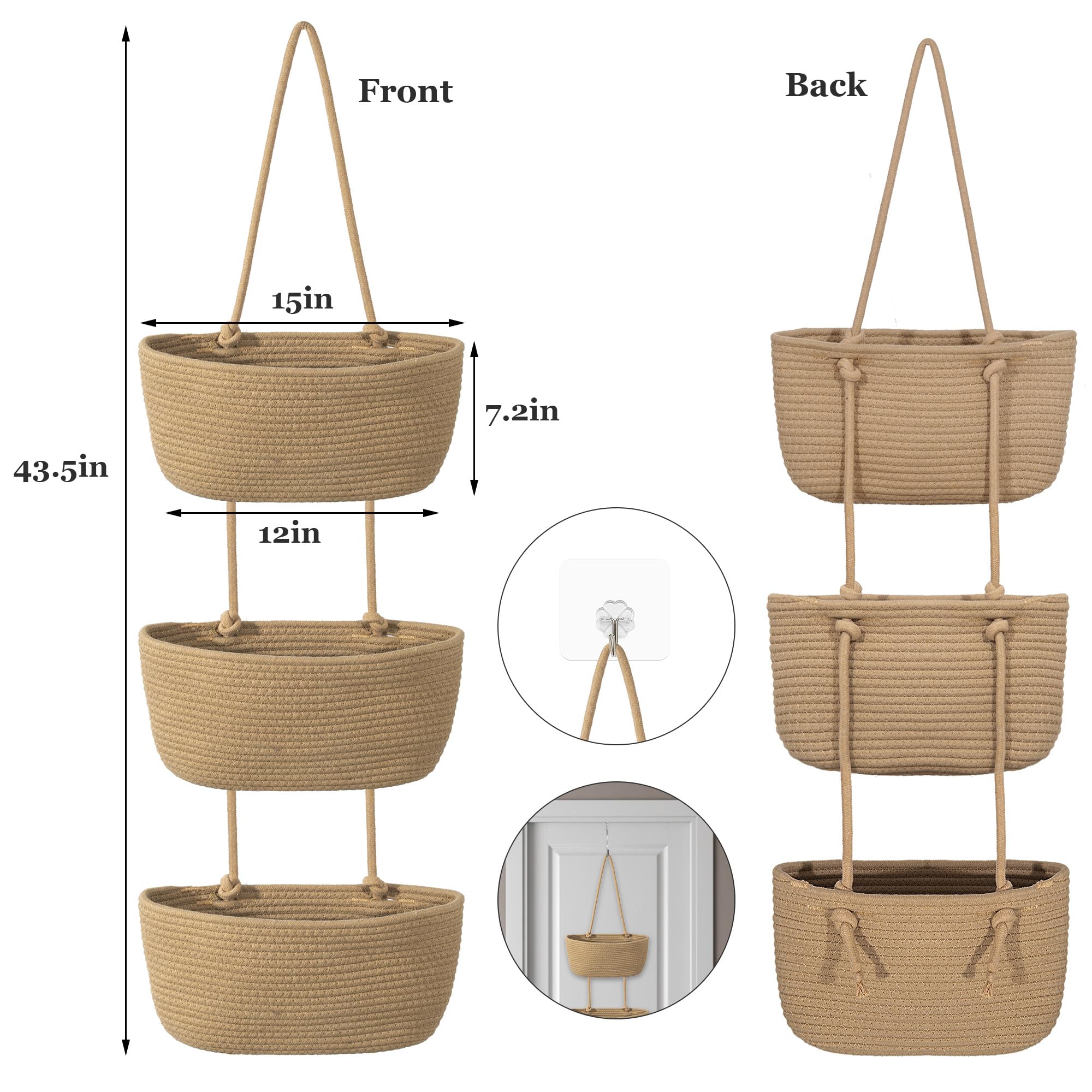 Wymulot 3-tier basket closeup stitching highlights durable cotton cord.