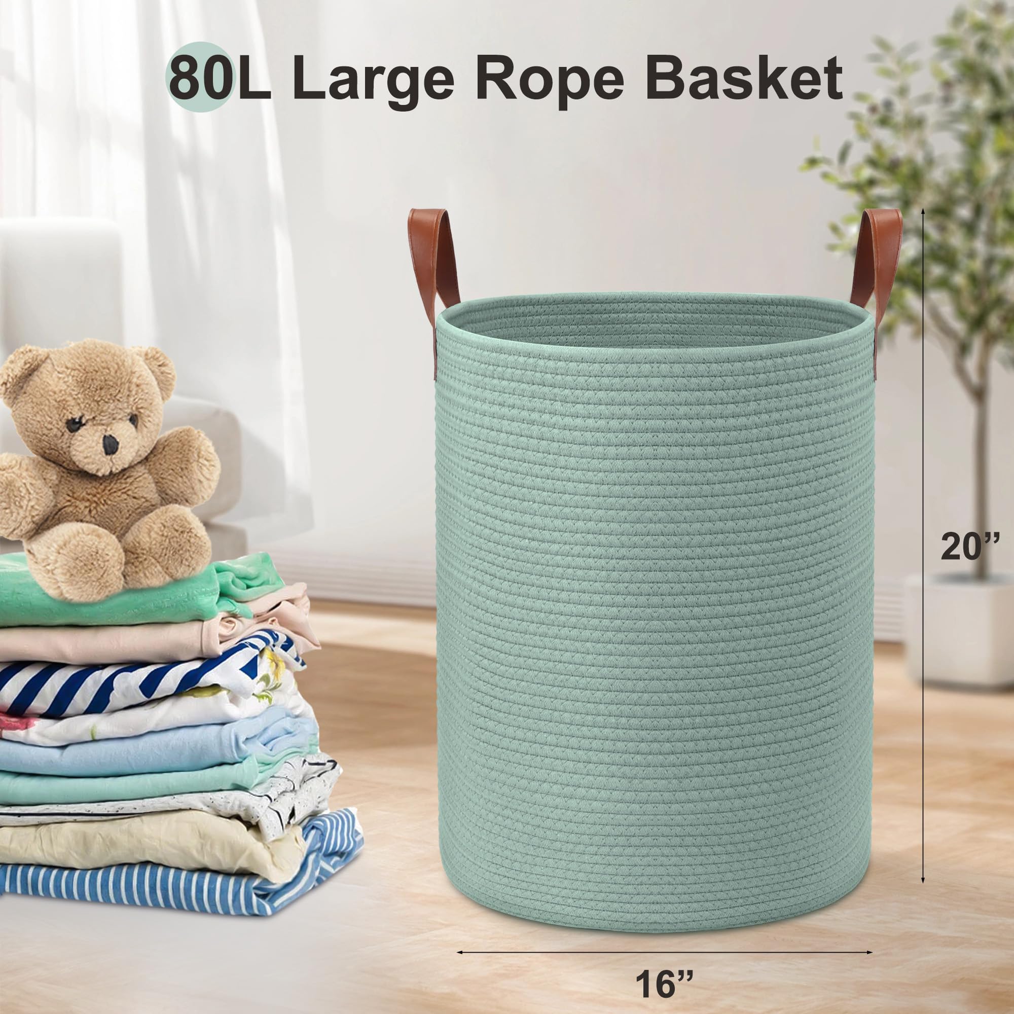 Wymulot rope basket leather handles side view for easy transport