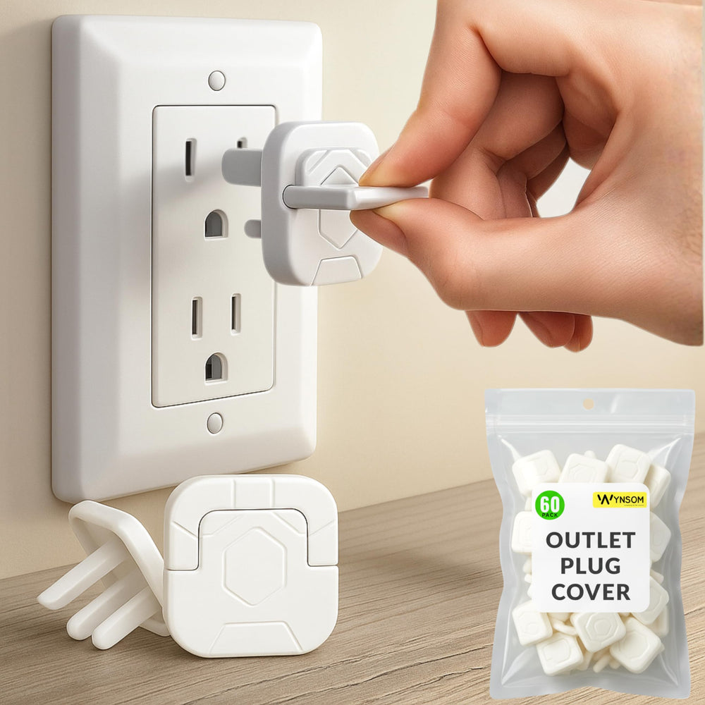 Wynsom outlet covers with pull-handle for easy adult removal and child safety.