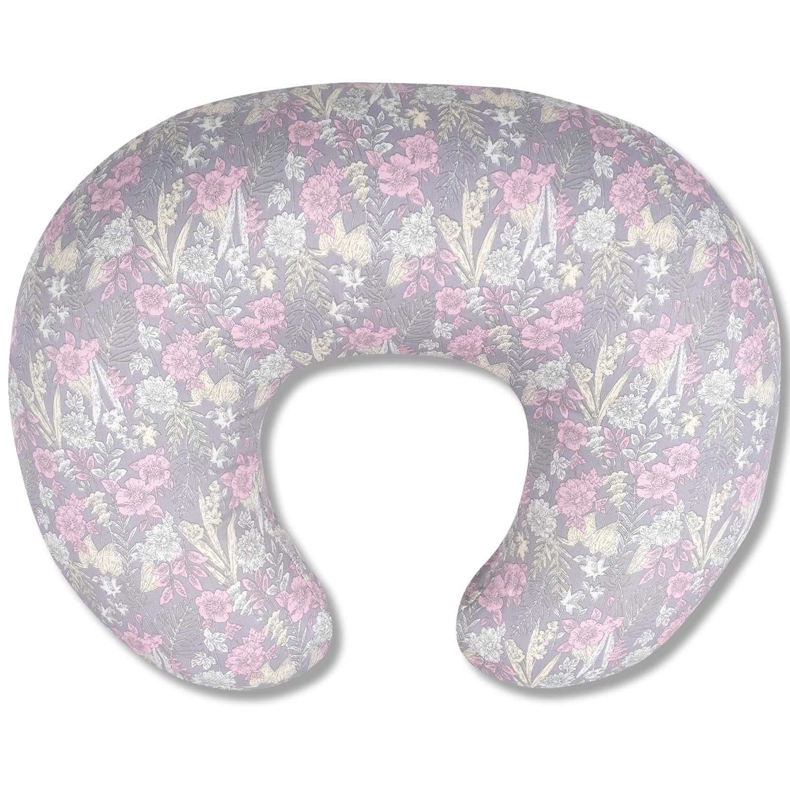 x-vesolje nursing pillow front view in dusky floral offers ergonomic feeding support.
