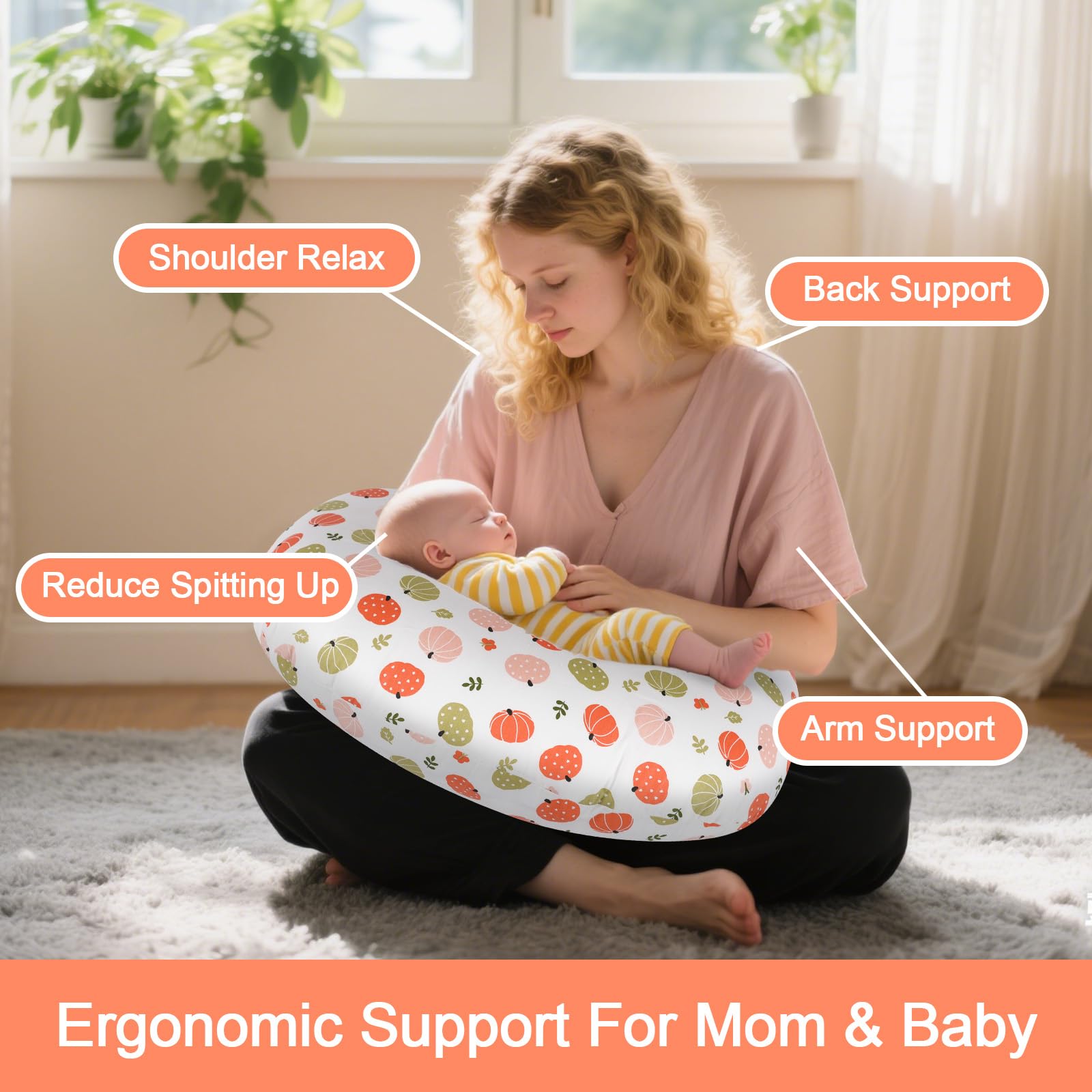 x-vesolje pumpkin ergonomic design closeup demonstrating spine-friendly support for mom during feeds.