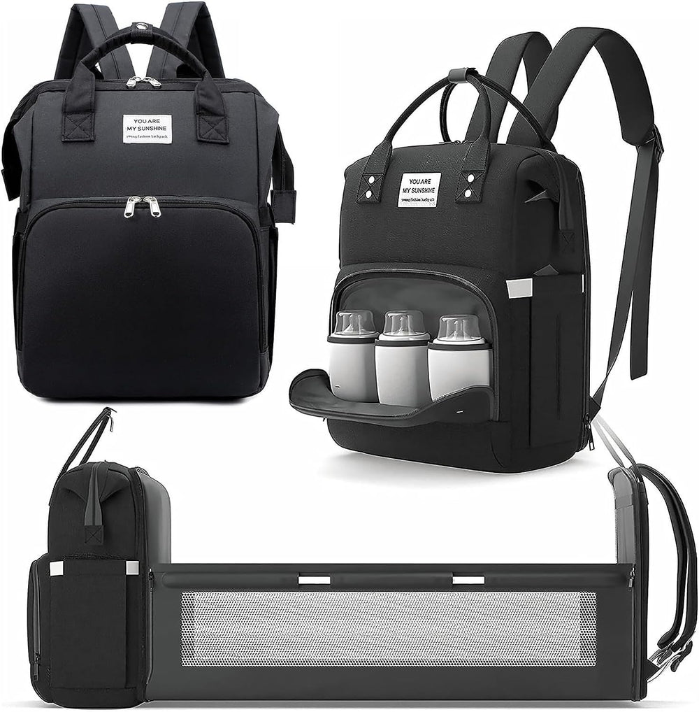 X W EI UNION diaper backpack folding-changing-station in use for on-the-go diaper changes