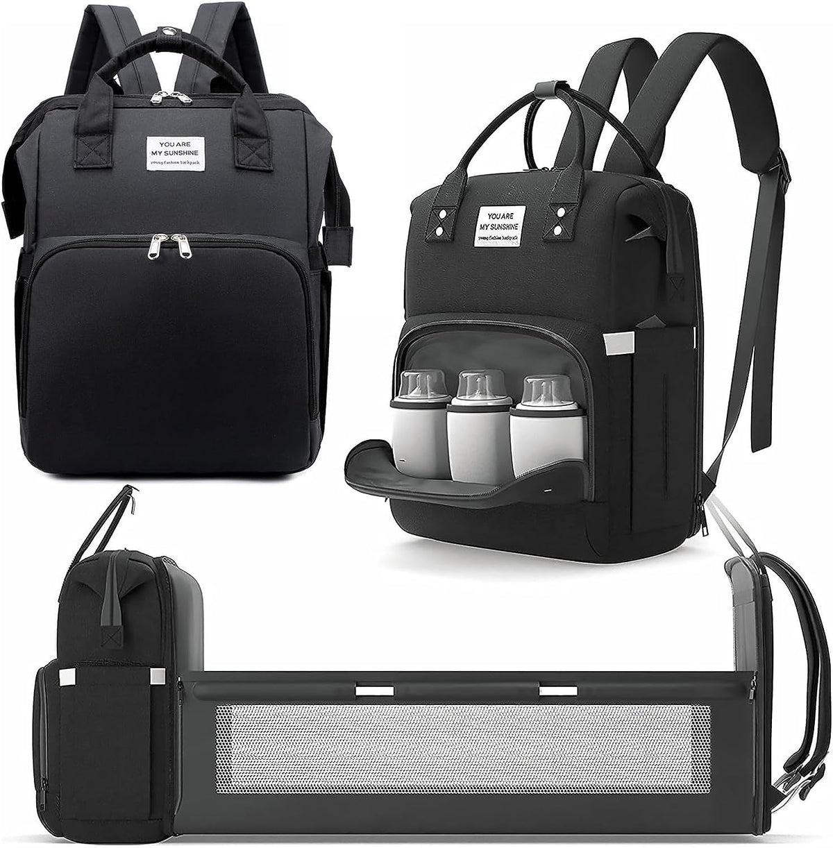 X W EI UNION diaper backpack folding-changing-station in use for on-the-go diaper changes