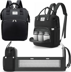 X W EI UNION diaper backpack folding-changing-station in use for on-the-go diaper changes