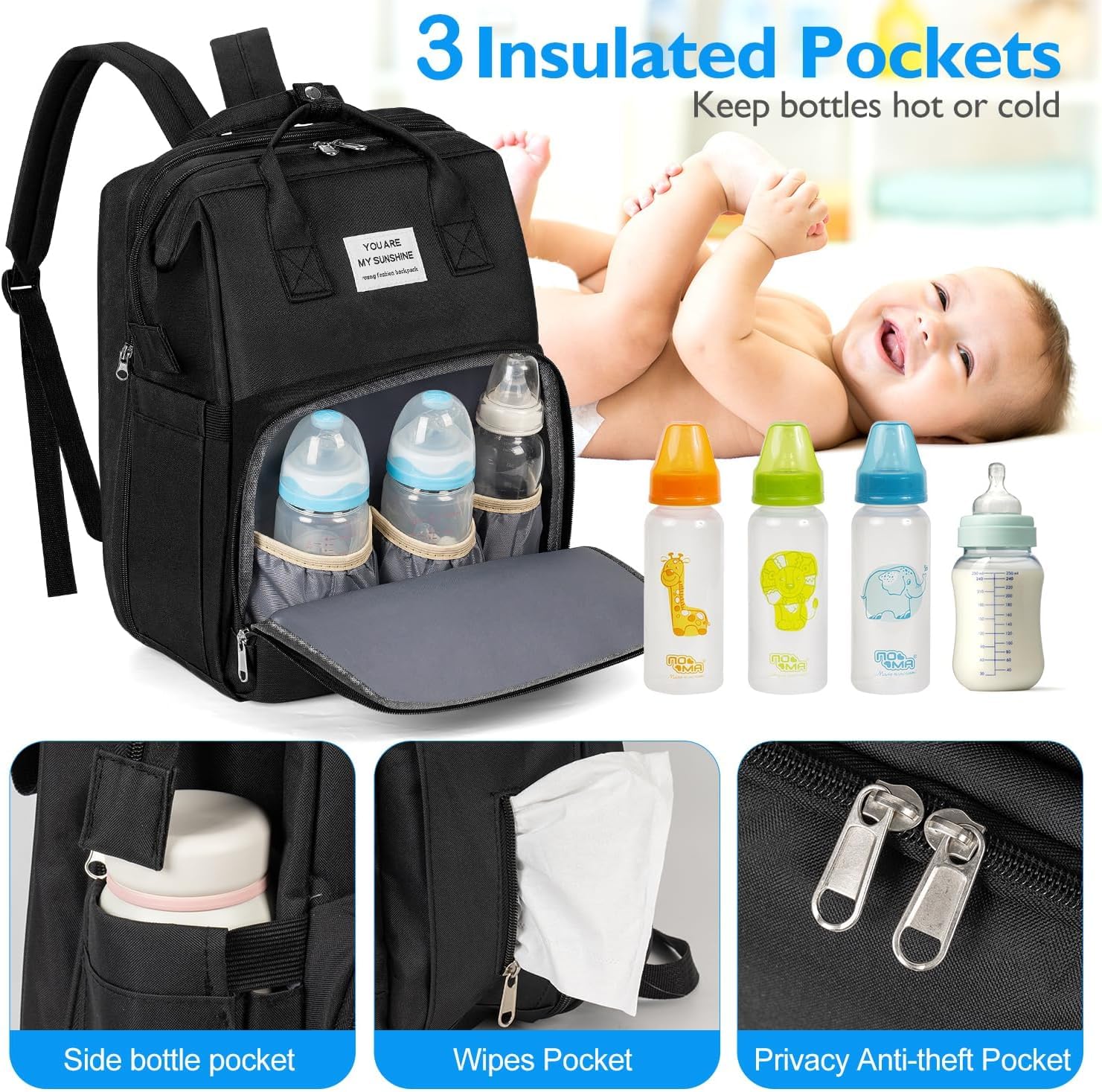 X W EI UNION diaper backpack large-capacity-pockets keeps bottles and diapers organized