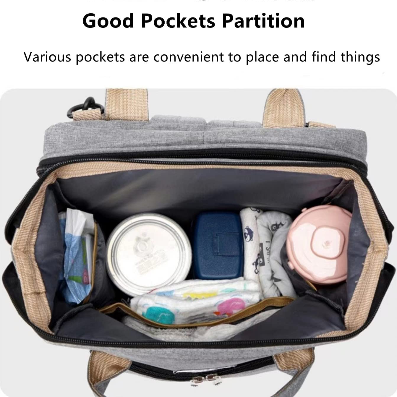 X W EI UNION diaper bag features wide padded straps for comfortable carrying.