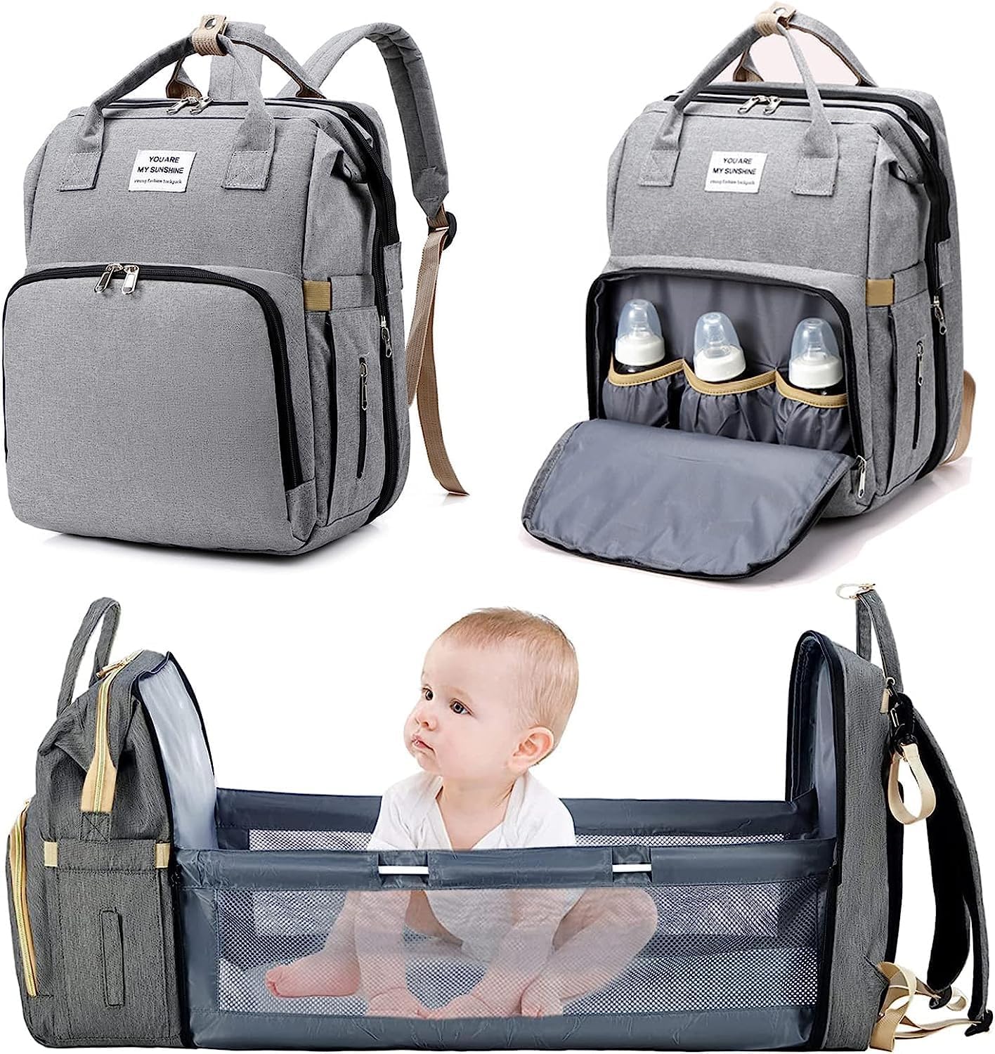 X W EI UNION diaper bag showing waterproof material for outdoor protection.