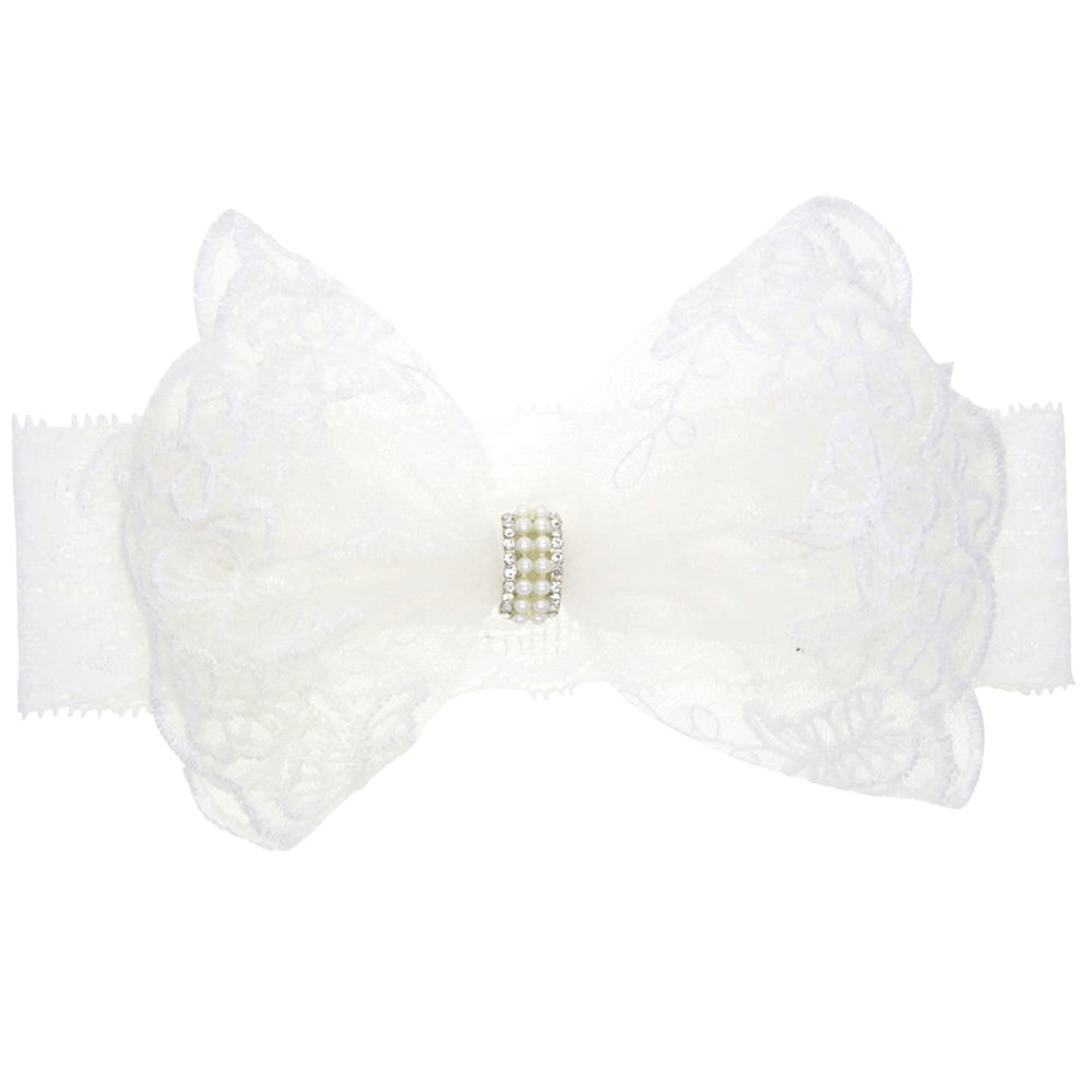 Xansema lace headband closeup with elastic fit for newborn comfort.