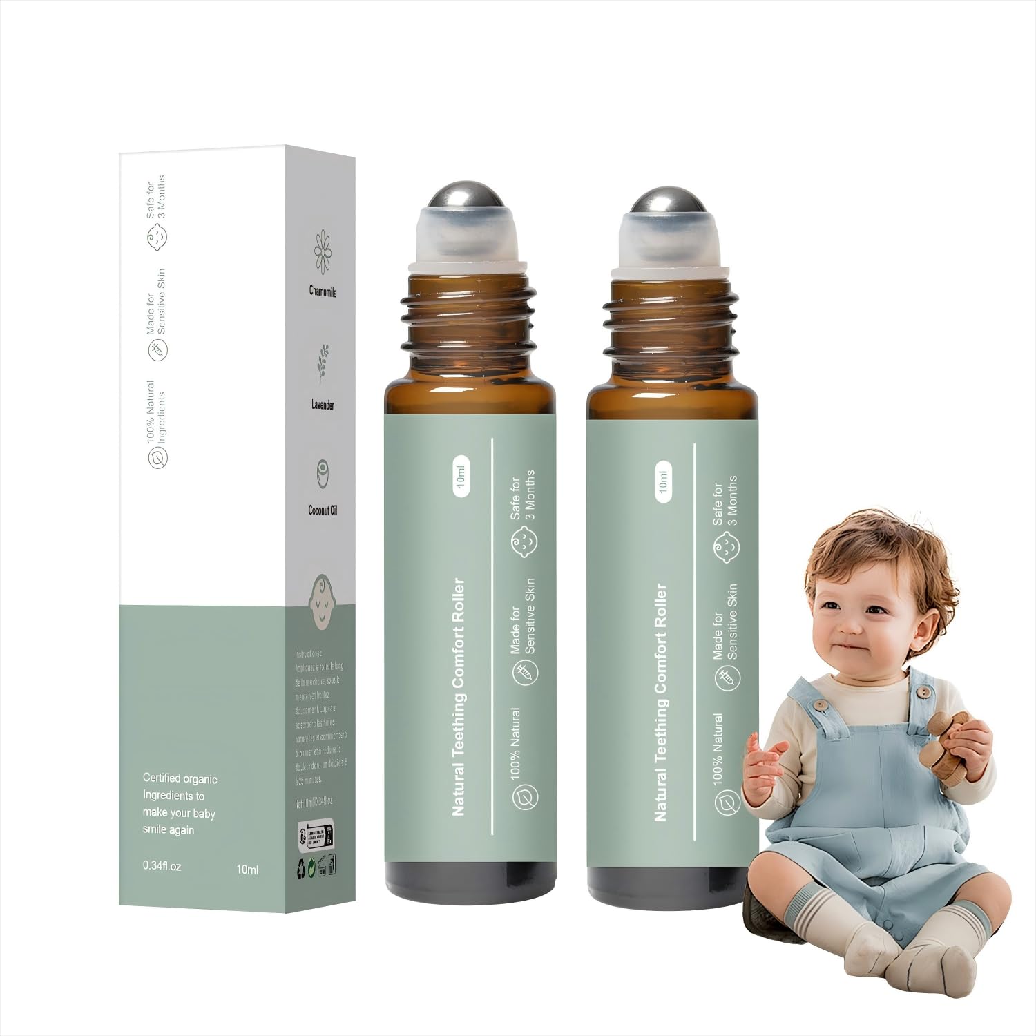 XBEGIX teething roller packaging shows natural, easy-on-the-go soothing for babies