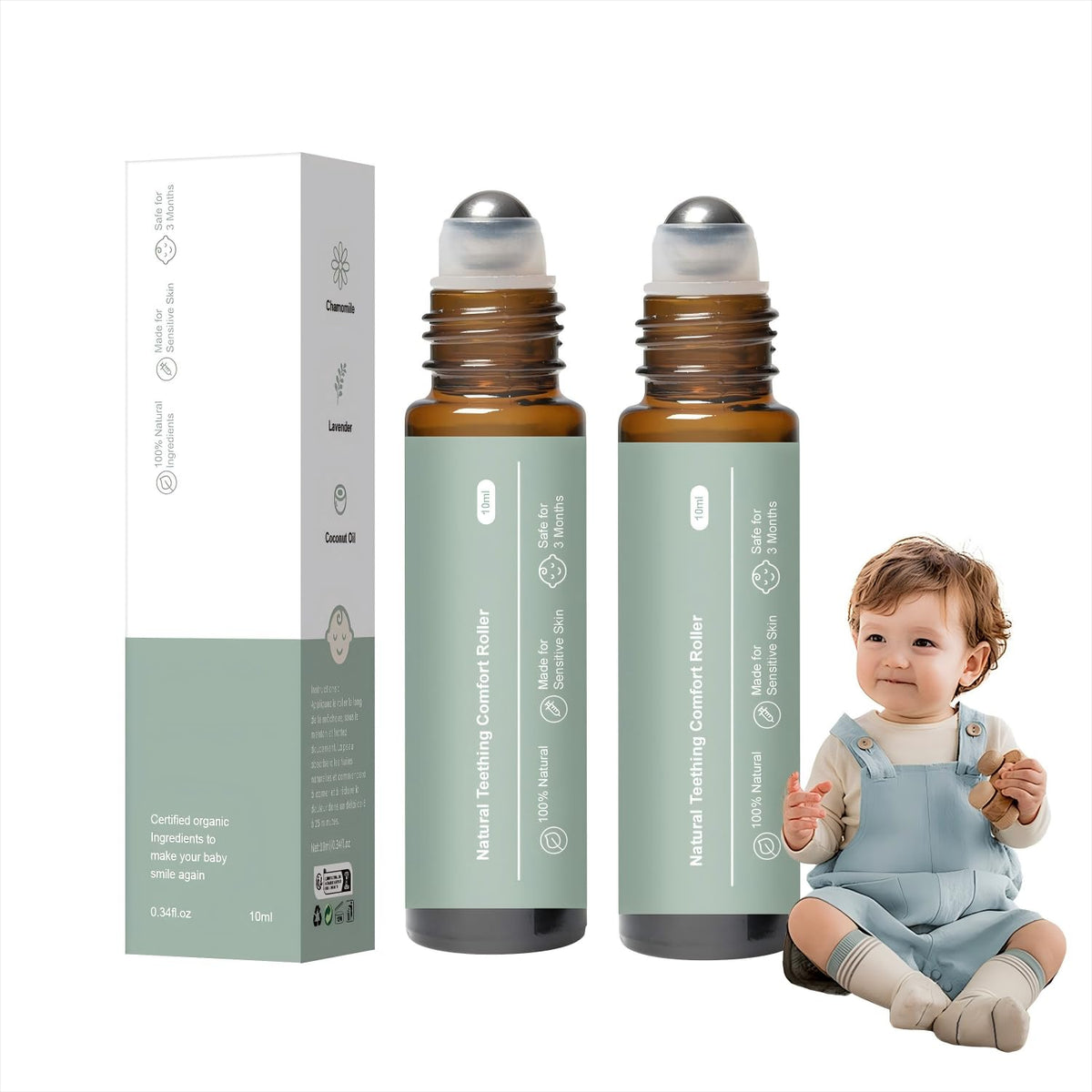 XBEGIX teething roller packaging shows natural, easy-on-the-go soothing for babies