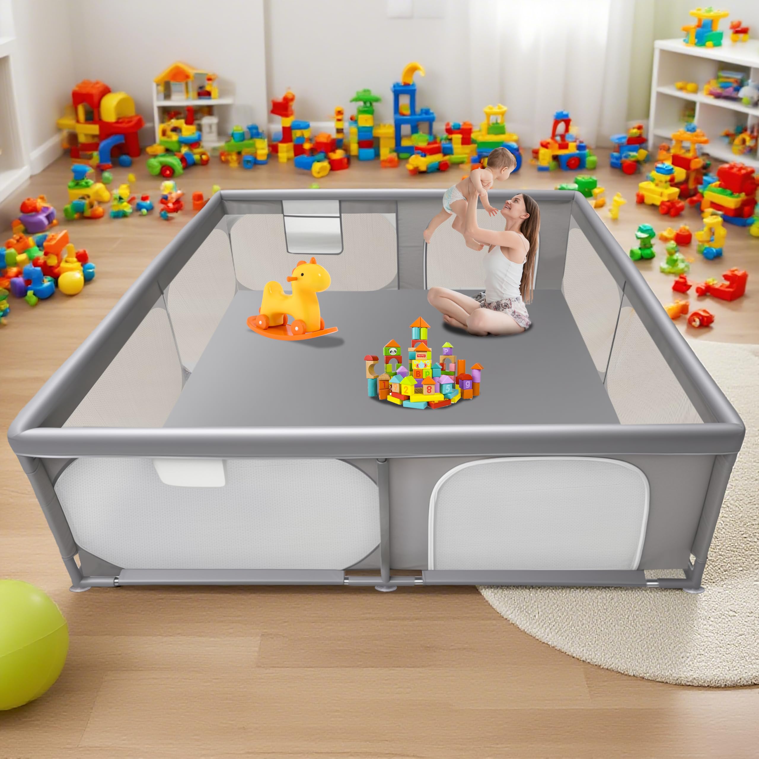 XDMTWLKJ baby playpen outer dimensions show generous 79x79 inches for space-conscious setup