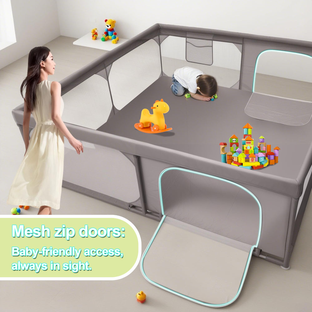 XDMTWLKJ playpen 360-visibility mesh provides clear sightlines for supervision