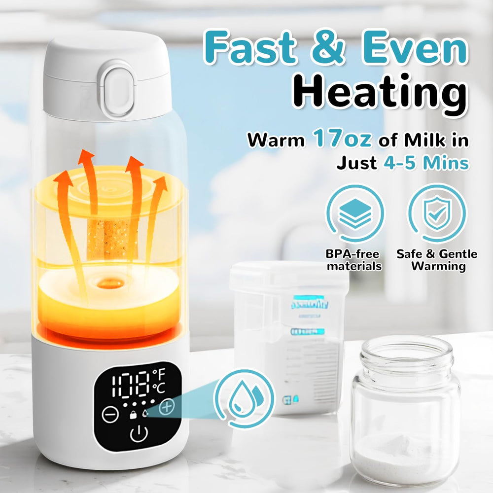 XDTIME portable milk warmer side view highlights 17oz capacity for twins or longer outings.