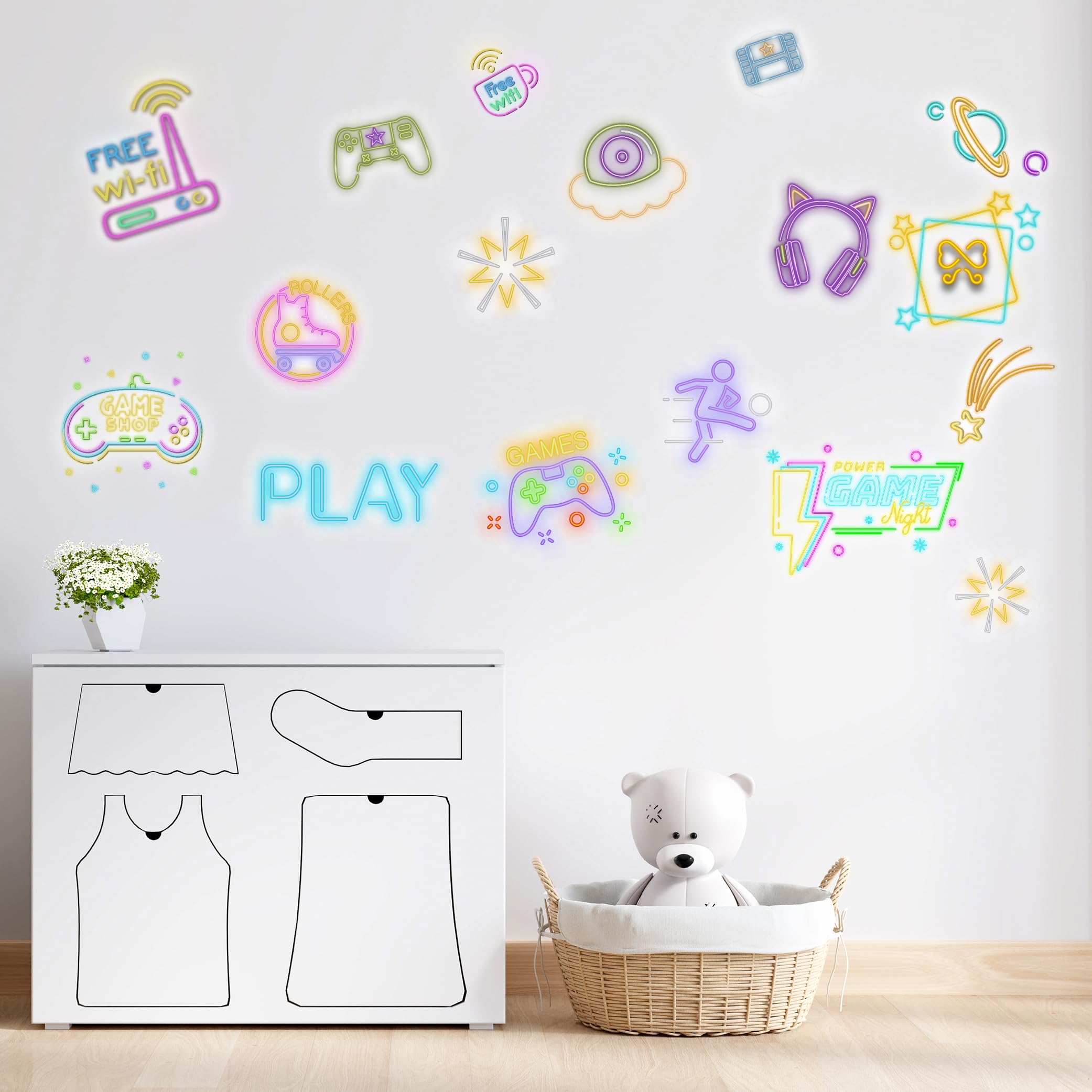 Xendelow Neon Gaming Wall Stickers characters add vibrant room energy for kids' walls.