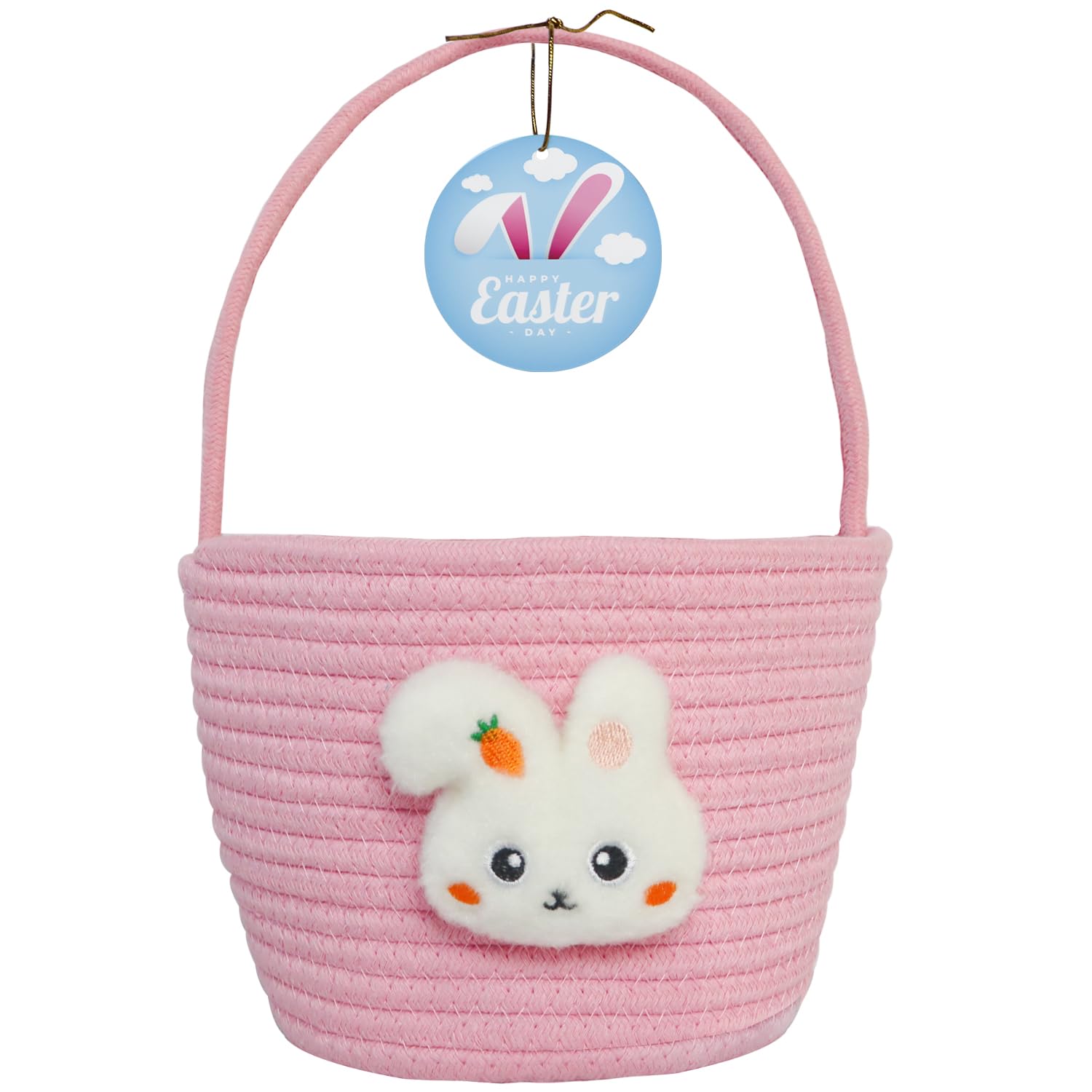 XENTUMI Easter basket with handle featuring a bunny plush for easy egg hunts