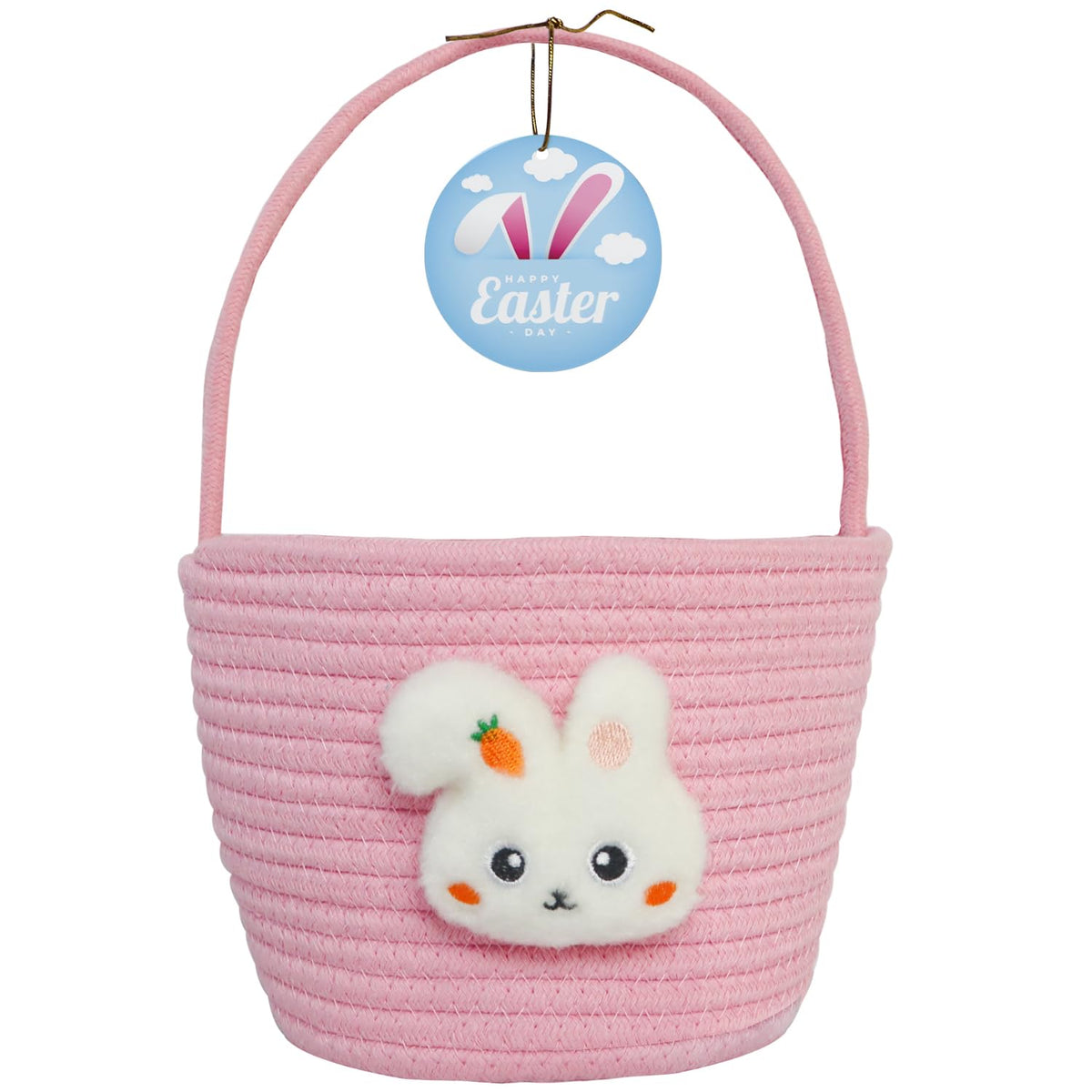 XENTUMI Easter basket with handle featuring a bunny plush for easy egg hunts