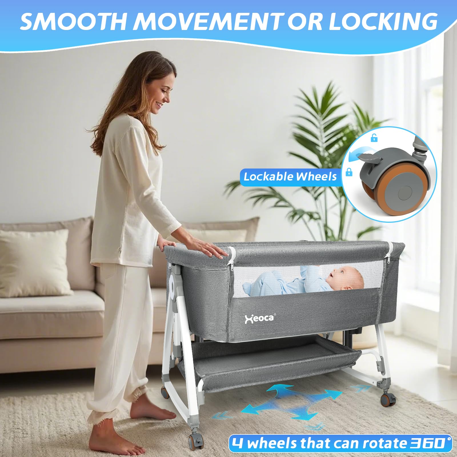 Xeoca baby bassinet wheels and casters enable easy room-to-room movement