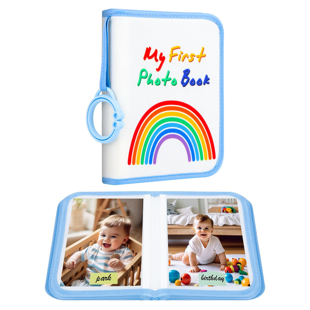 Xfveiwoo baby photo album blue cover shows soft fabric for safe baby memories.