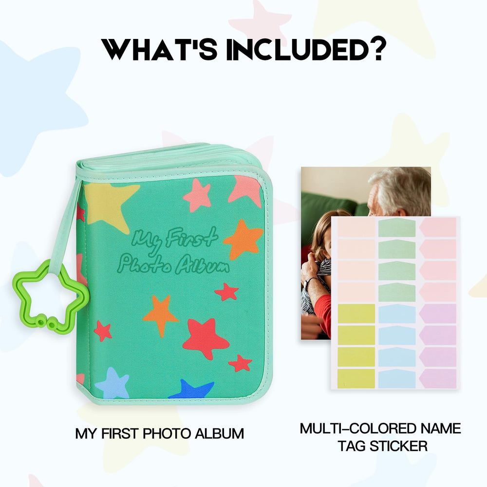 Xfveiwoo Baby's My First Photo Album green opened layout demonstrates easy photo insertion.