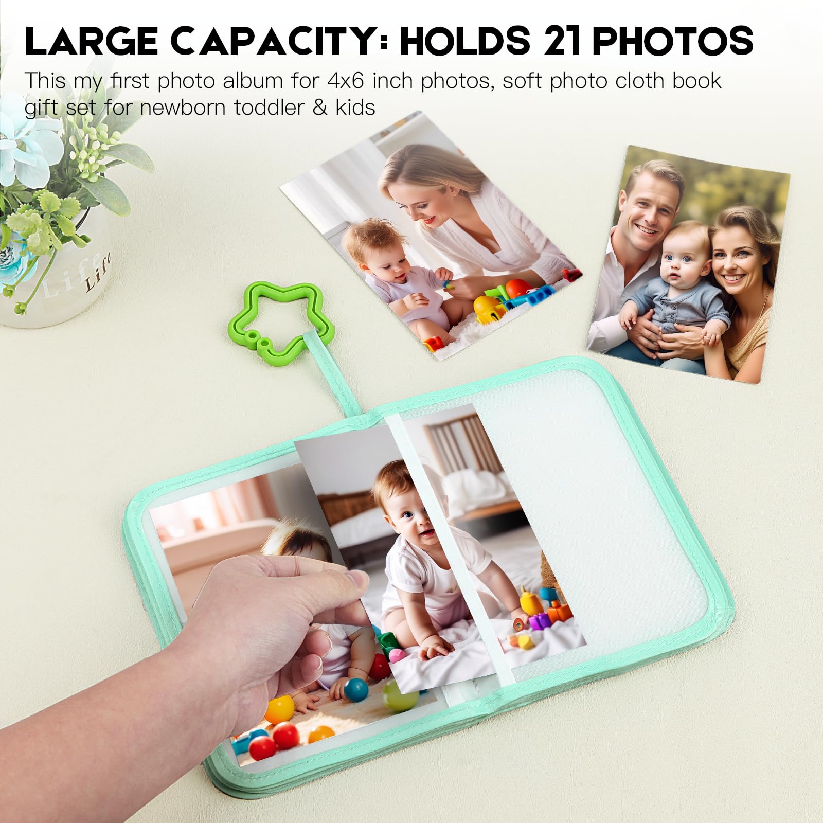 Xfveiwoo Baby's My First Photo Album green safety mirror on last page sparks curiosity.