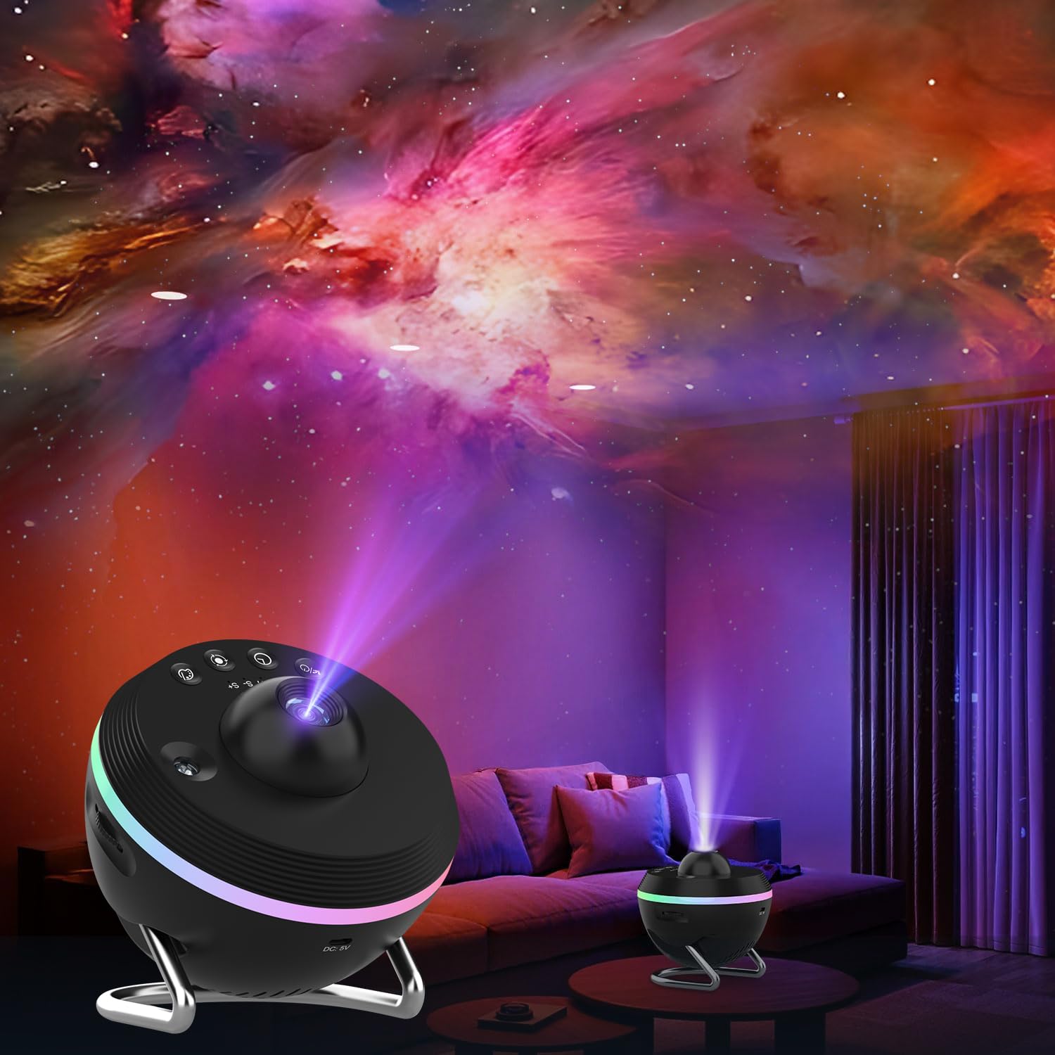 XFWOJOO Galaxy Projector in a bedroom setup for immersive bedtime ambience.