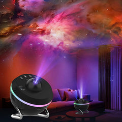 XFWOJOO Galaxy Projector in a bedroom setup for immersive bedtime ambience.