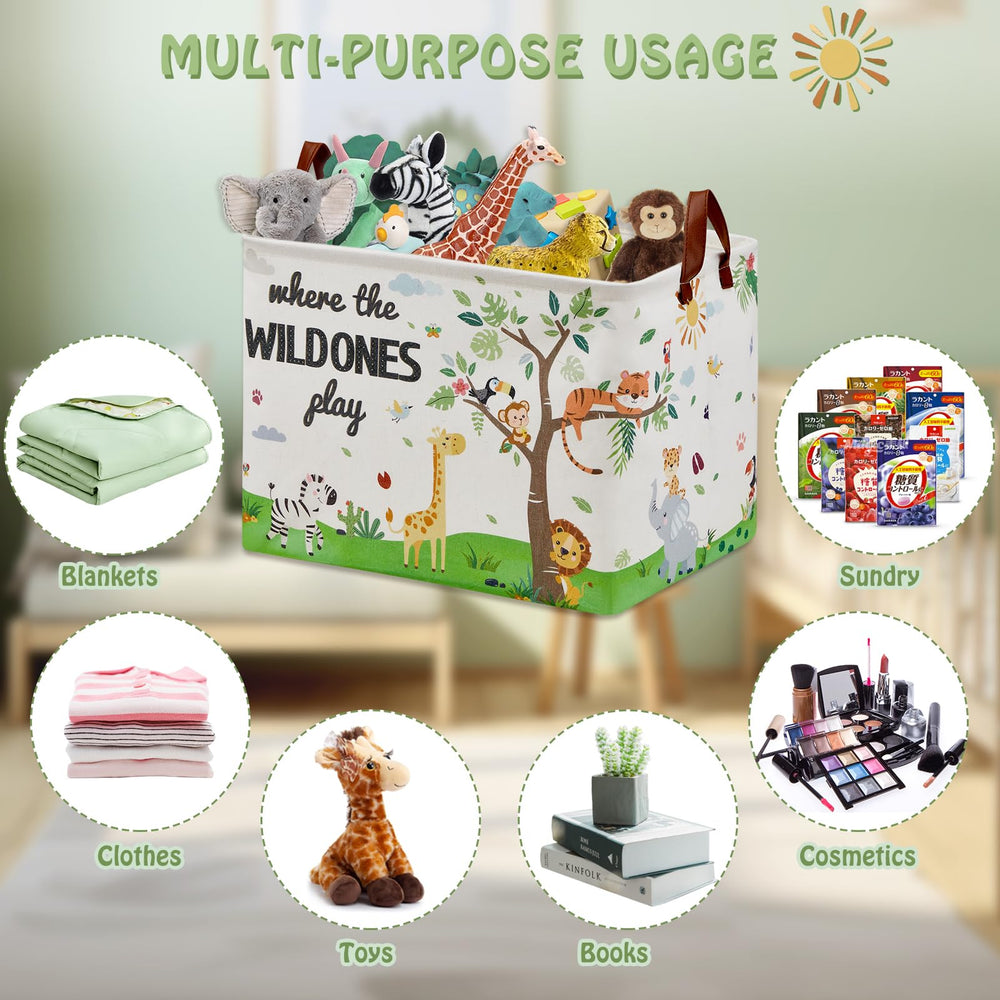 XHWZOF Jungle Safari Basket displaying 36L capacity for toys and laundry.
