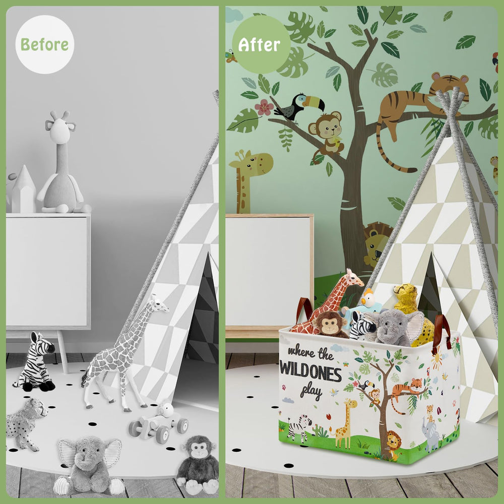 XHWZOF Jungle Safari basket scene highlighting tropical decor and kid-friendly storage solutions.