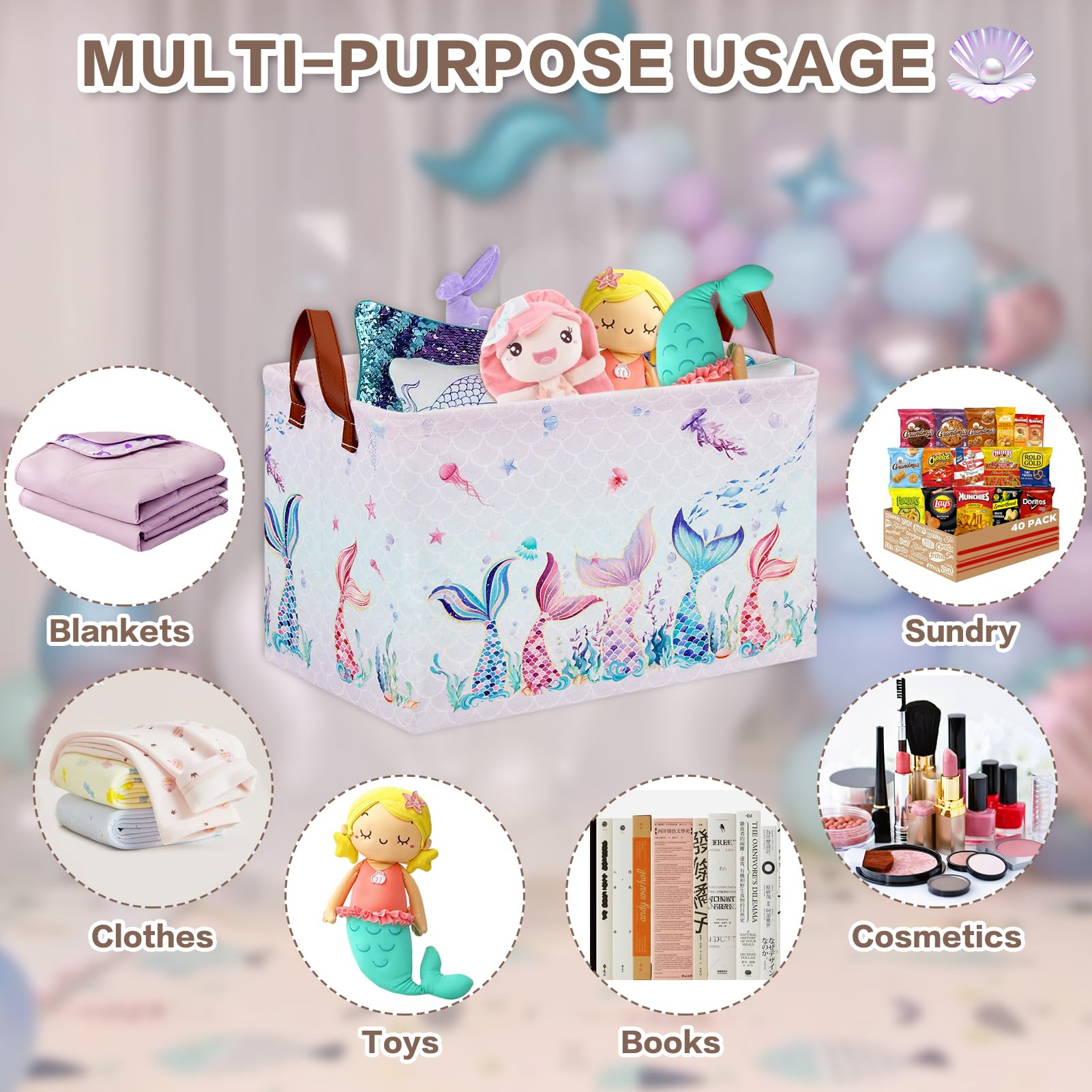 XHWZOF Mermaid laundry basket waterproof lining closeup demonstrates easy-clean convenience