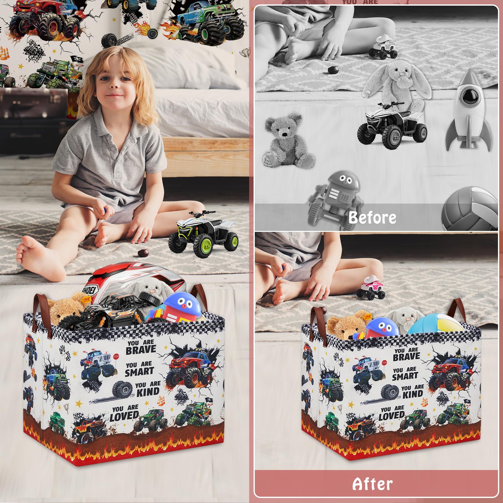 XHWZOF Monster Truck Storage Basket 36L-capacity stores toys and clothes neatly