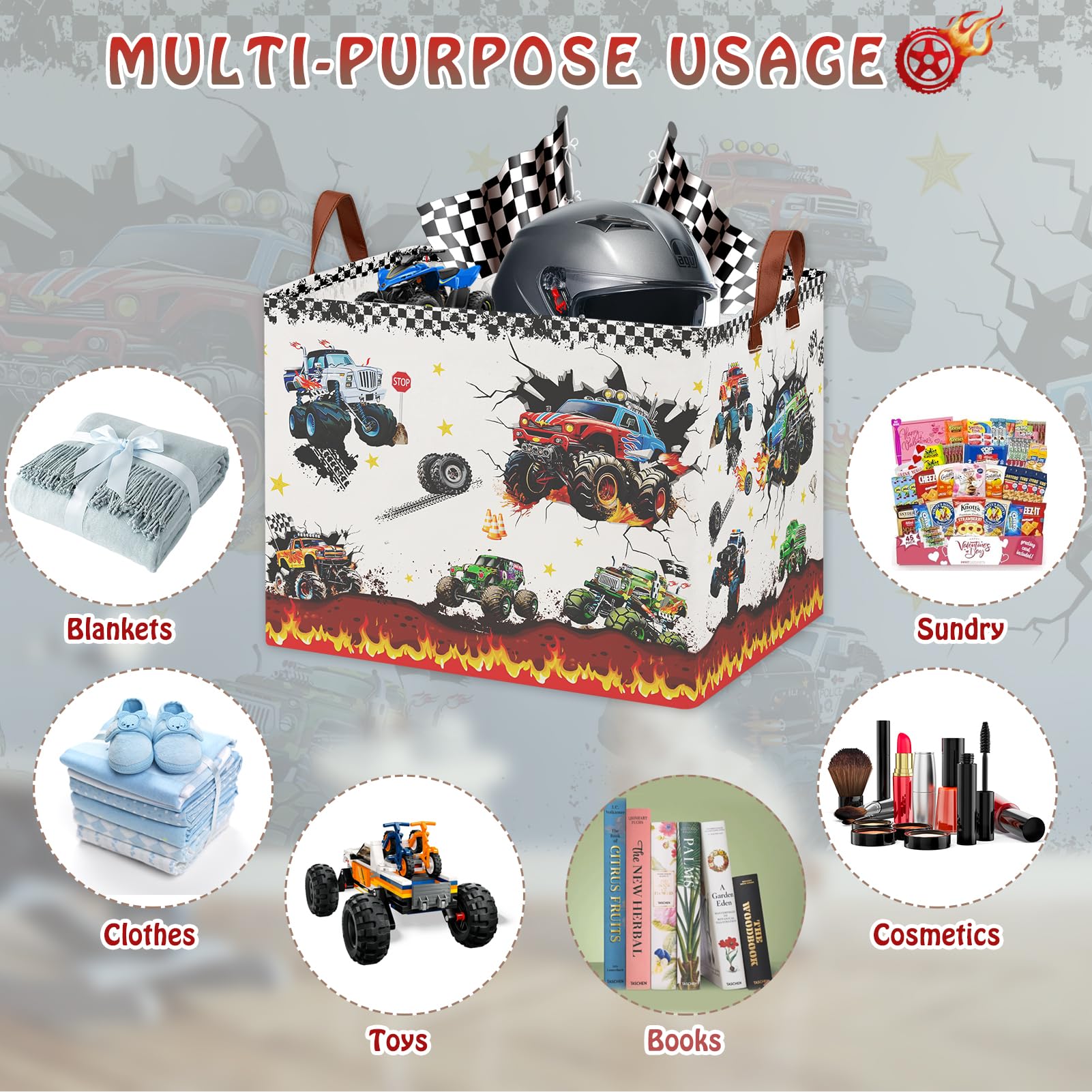 XHWZOF Monster Truck Storage Basket leather handles enable easy transport during cleanup.