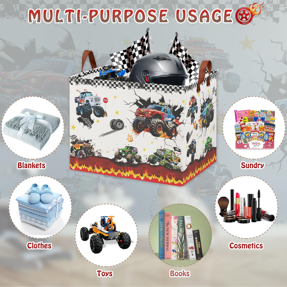 XHWZOF Monster Truck Storage Basket leather handles enable easy transport during cleanup.