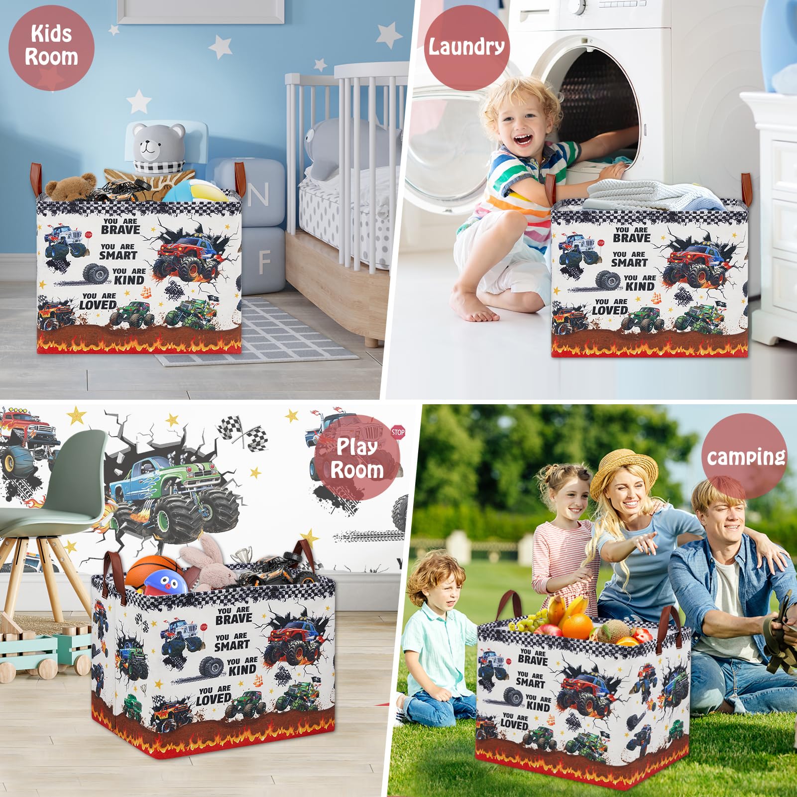 XHWZOF Monster Truck Storage Basket in-use in bedroom doubles as toy and clothes organizer
