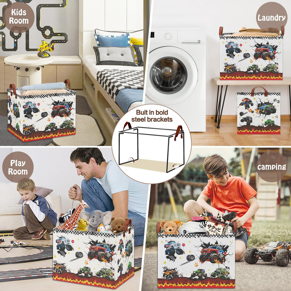 XHWZOF Monster Truck Storage Basket measures 15x9.5x10.2 inches for towels and toys.