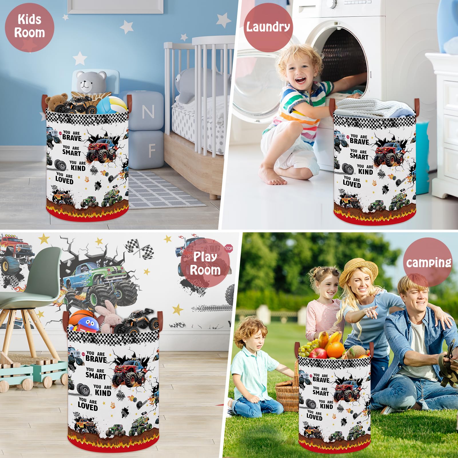 XHWZOF Monster Trucks bin in kids' room during playtime, clean and tidy.