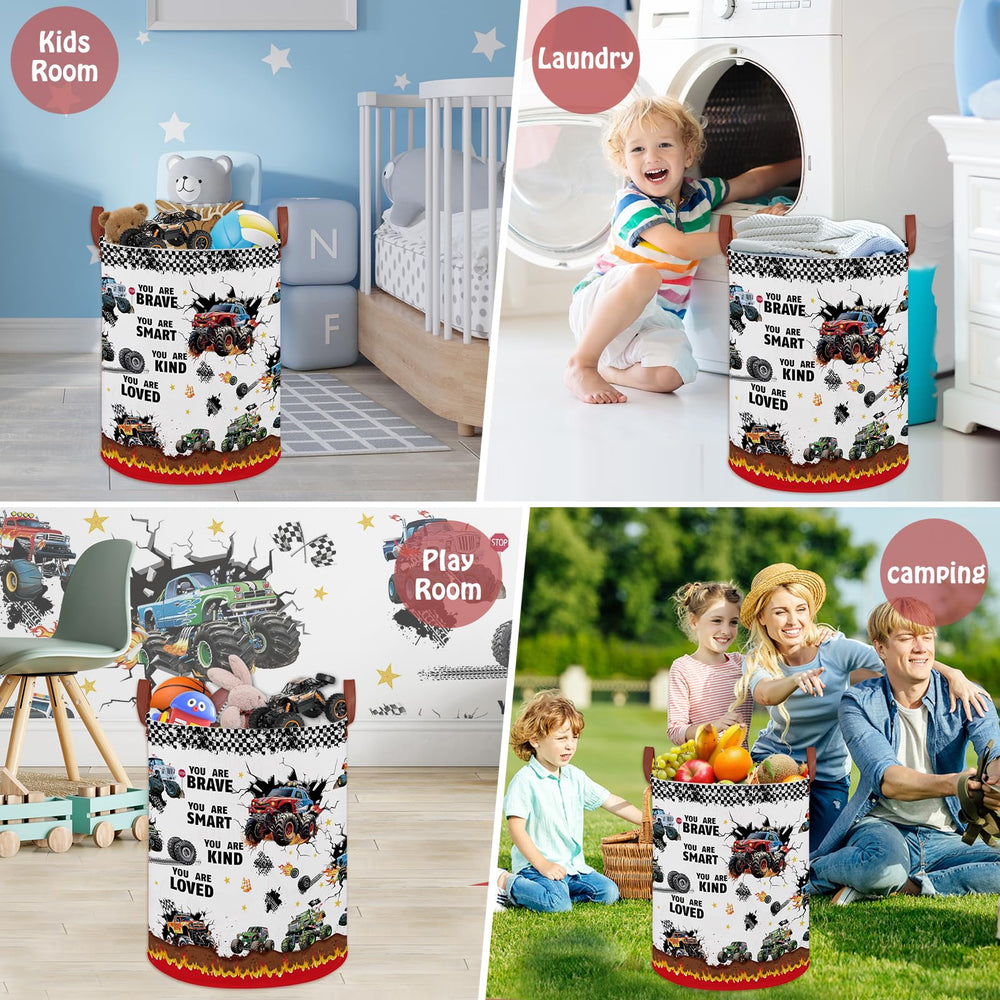 XHWZOF Monster Trucks bin in kids' room during playtime, clean and tidy.