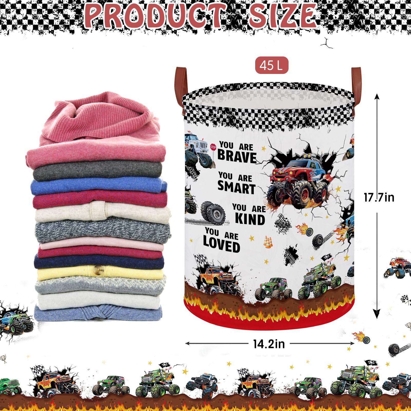 XHWZOF Monster Trucks hamper collapsed flat for space-saving storage.