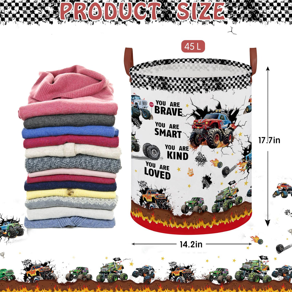 XHWZOF Monster Trucks hamper collapsed flat for space-saving storage.