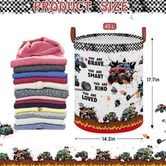XHWZOF Monster Trucks hamper collapsed flat for space-saving storage.