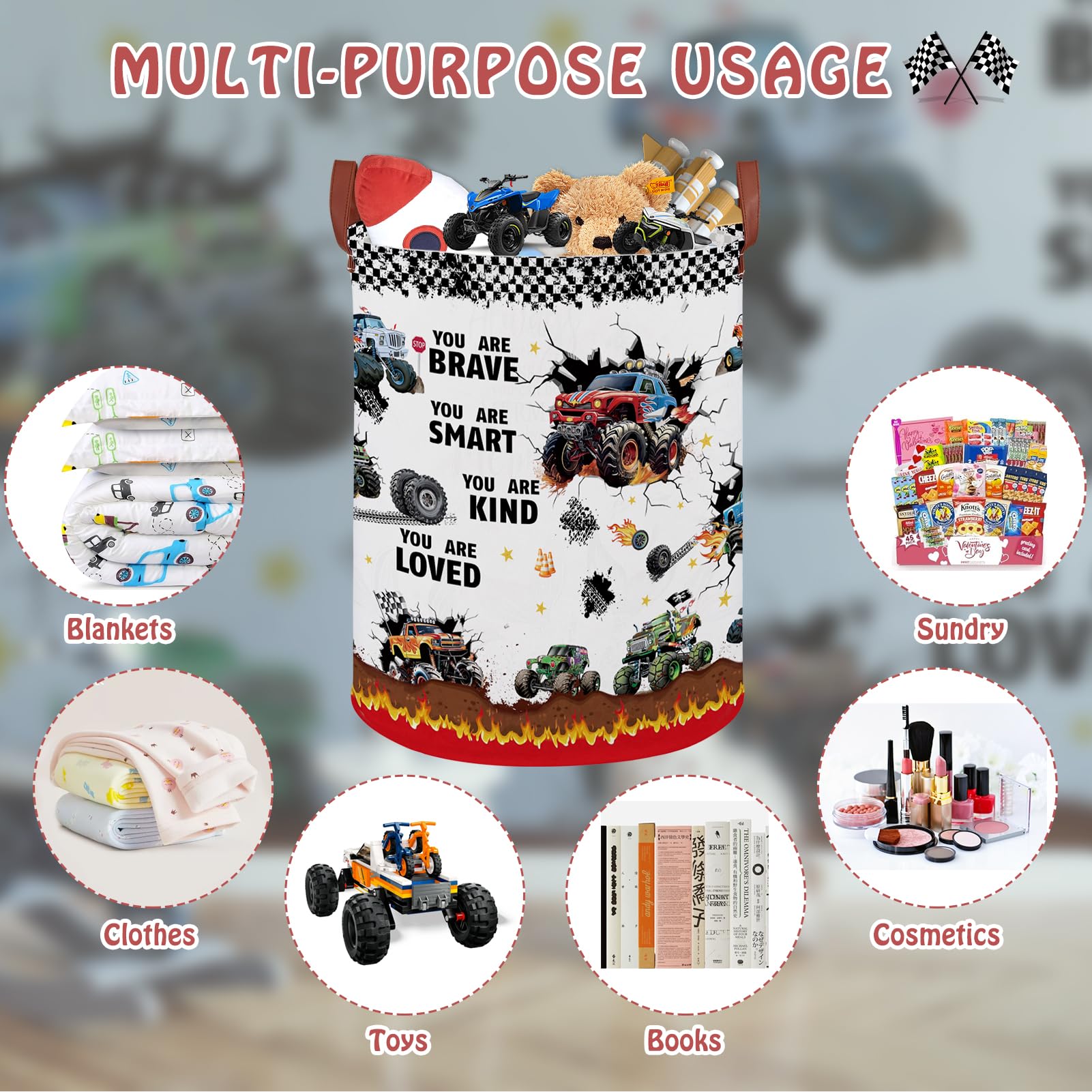 XHWZOF Monster Trucks storage with leather handle and metal frame for durability.