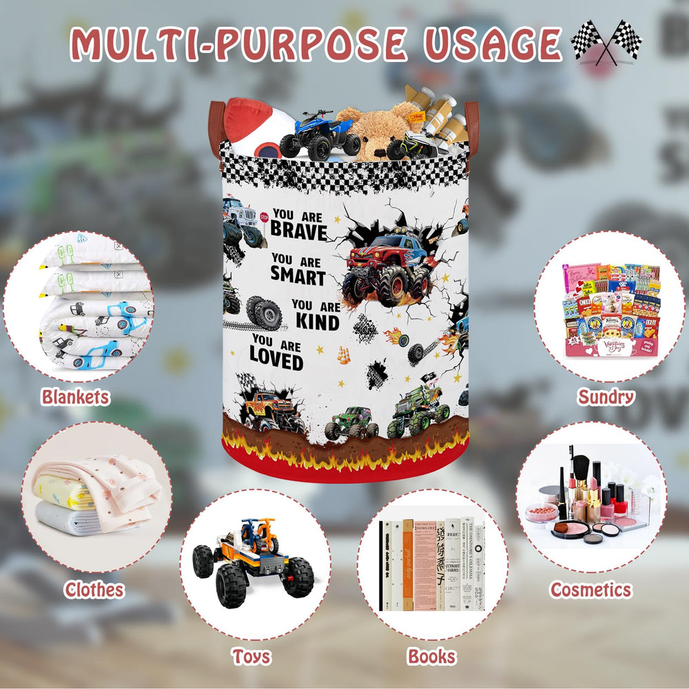 XHWZOF Monster Trucks storage with leather handle and metal frame for durability.